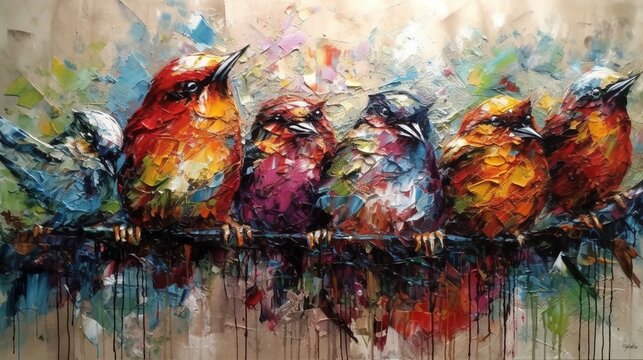 Colourful painting of little birds on a branch.