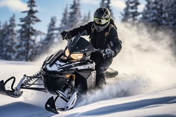 a guy rides a Snowmobile against the background of a winter forest, leaving a trail of splashes of...