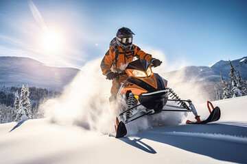 a guy rides a Snowmobile against the background of a winter forest, leaving a trail of splashes of white snow. a bright snowmobile and a suit without brands. Extreme sports. Banner - obrazy, fototapety, plakaty