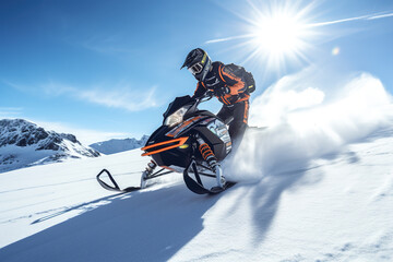 Fototapeta na wymiar a guy rides a Snowmobile against the background of a winter forest, leaving a trail of splashes of white snow. a bright snowmobile and a suit without brands. Extreme sports. Banner