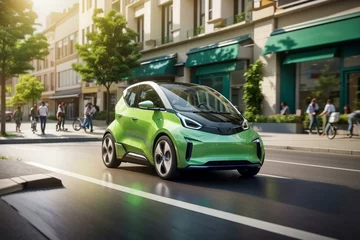 Foto op Canvas Electric car moving in the city street, sustainable transportation, eco-friendly concept, generative AI © DigitalCanvas