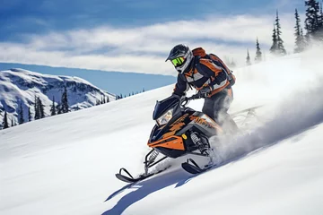 Fotobehang a guy rides a Snowmobile against the background of a winter forest, leaving a trail of splashes of white snow. a bright snowmobile and a suit without brands. Extreme sports. Banner © Irina