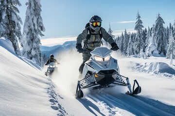 a guy rides a Snowmobile against the background of a winter forest, leaving a trail of splashes of white snow. a bright snowmobile and a suit without brands. Extreme sports. Banner