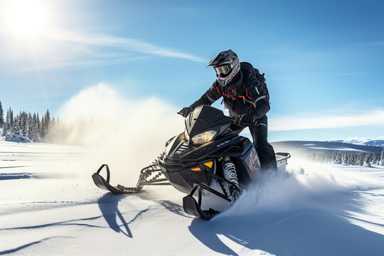 a guy rides a Snowmobile against the background of a winter forest, leaving a trail of splashes of white snow. a bright snowmobile and a suit without brands. Extreme sports. Banner