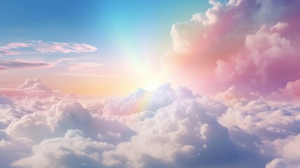 Delicate pastel-colored rainbow clouds gracefully adorn expanse of serene blue sky, casting breathtaking and ethereal display of natural beauty. Tranquil and mesmerizing scene. Beautiful background. - obrazy, fototapety, plakaty