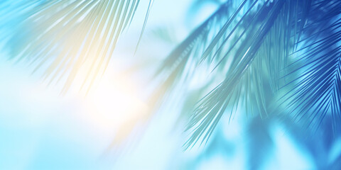 Soft blue tinted sky shade with tropical palm fronds showing through the sunlight. Summer holiday concept. digital AI