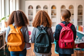 Rear view of three diverse schoolchildren with backpacks. Back to school concept - Powered by Adobe