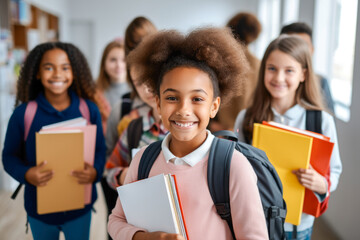 Cheerful smiling diverse schoolchildren standing posing in classroom holding notebooks and backpacks looking at camera happy after school reopen. Back to school concept - obrazy, fototapety, plakaty