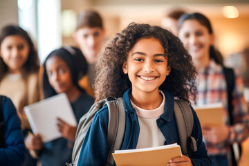 Cheerful smiling diverse schoolchildren standing posing in classroom holding notebooks and backpacks looking at camera happy after school reopen. Back to school concept