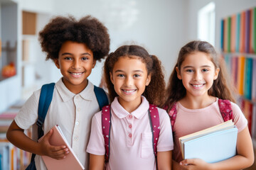 Cheerful smiling diverse schoolchildren standing posing in classroom holding notebooks and backpacks looking at camera happy after school reopen. Back to school concept