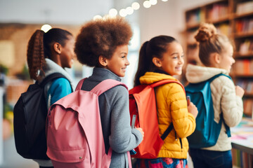 Rear view of diverse schoolchildren with backpacks. Back to school concept - Powered by Adobe