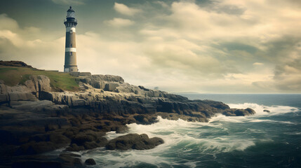 Charming Old Lighthouse Standing Tall by the Rocky Coastline, Enhanced with Cool and Muted Tones to Evoke a Nostalgic and Maritime Aura