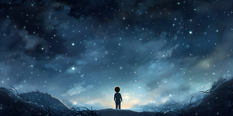 Back view of little boy looking at night sky with moon and stars background, Boy Gazing Stars,  Hug universe. Rear view of boy standing on ladder and looking at night city. generative AI