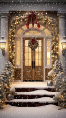 Fototapeta premium Of a front door decorated for Christmas with a snowfall.