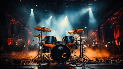Professional drum set on stage with bright lights and smoke. - obrazy, fototapety, plakaty