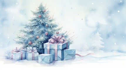  a watercolor painting of a christmas tree with presents in front of it and a snowflakes on the bottom of the tree and on the bottom of the tree.