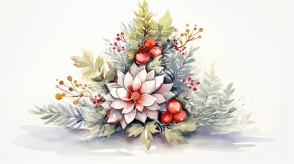  a watercolor painting of a bouquet of flowers with berries and green leaves on a white background with a red center piece in the middle of the center of the image.