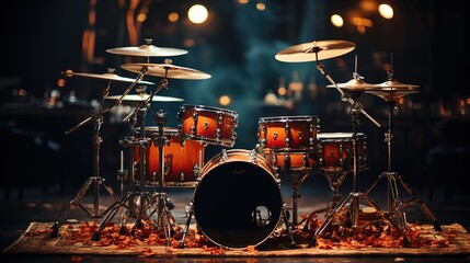 Nice drum set in a bar with moody lighting. - obrazy, fototapety, plakaty