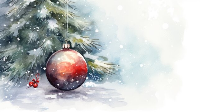  a watercolor painting of a christmas ornament hanging from a pine tree in the snow with a red ornament hanging from the top of the ornament.