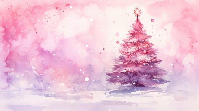  a watercolor painting of a pink christmas tree with a star on top, on a pink and purple background with snow flecks and snow flecks.