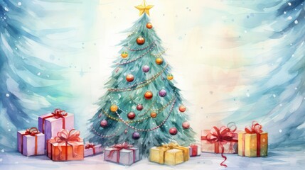  a watercolor painting of a christmas tree with presents in front of it and a star on the top of the christmas tree, with a blue background of snow.
