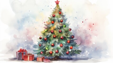  a watercolor painting of a christmas tree with presents under it and a red star on the top of the tree and a red star on the top of the tree.