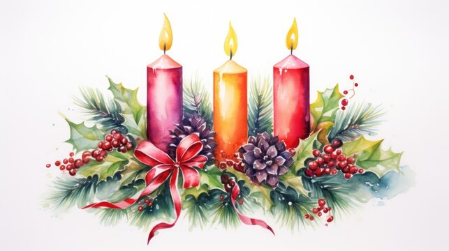  a watercolor painting of three lit candles with holly, berries, and pine cones on a white background with a red bow and a red ribbon around the candles.