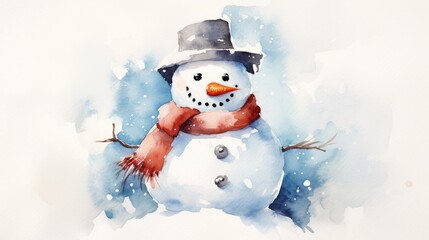  a watercolor painting of a snowman wearing a hat, scarf, and scarf around his neck with a red scarf around his neck and a black hat on his head.