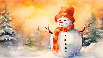  a painting of a snowman with a red hat and scarf standing in the snow in front of a pine tree with snow on its branches and a yellow sky background.