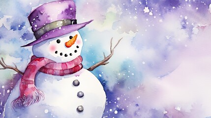  a watercolor painting of a snowman wearing a purple hat, scarf and a purple scarf around his neck, and a purple scarf around his neck, on a purple background with snow.