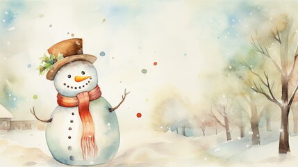  a watercolor painting of a snowman wearing a hat, scarf, and a scarf around his neck, in a snowy landscape with trees and houses in the background.