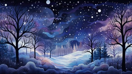  a painting of a snowy night with stars in the sky and trees in the foreground, and a full moon and stars in the sky in the middle of the background.
