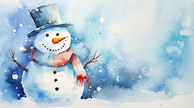  a watercolor painting of a snowman with a top hat, scarf, and scarf around his neck, standing in the snow with a blue background of snow.