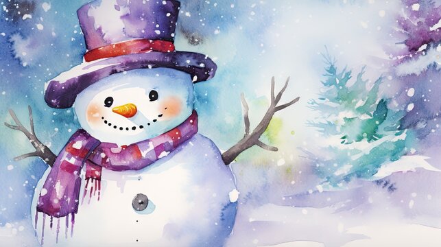  a watercolor painting of a snowman wearing a purple hat, scarf and a purple scarf around his neck and a pine tree in the background is covered with snow.