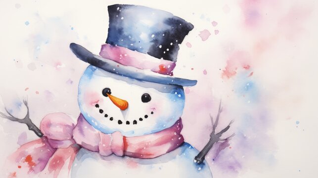  a watercolor painting of a snowman wearing a hat, scarf and a scarf around his neck, with branches in the foreground and a pink and blue background.