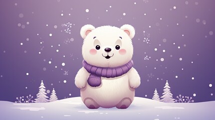  a white polar bear wearing a purple scarf and a purple scarf around its neck sitting on a snow covered hill with trees and snow flecked with snowflakes.