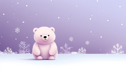 a white teddy bear sitting in front of a purple and white background with snow flakes 
