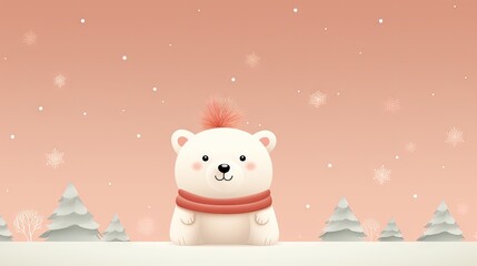  a white polar bear with a red scarf around its neck sitting on a snow covered ground with trees and snowflakes in the background and a pink sky with white snowflakes.