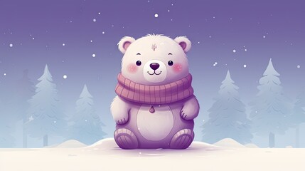  a white teddy bear with a scarf around its neck sitting on a snowy surface in front of a night sky with snow falling on the trees and snowflakes.