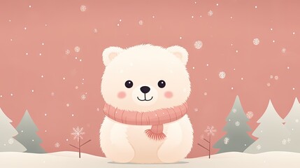  a polar bear with a scarf around its neck in front of a pink background with snowflakes and pine trees with snowflakes and snowflakes on the ground.