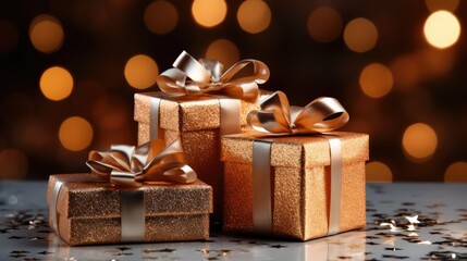  three gold gift boxes with gold ribbons and bows on a shiny surface with a boke of lights in the background and a few scattered stars on the table top.