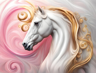 magic beautiful abstract marble white horse head background with gold and pink in it with soft...