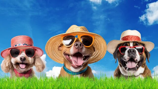 Dog in hat and glasses for summer travel in meadow and bright sky, summer travel concept
