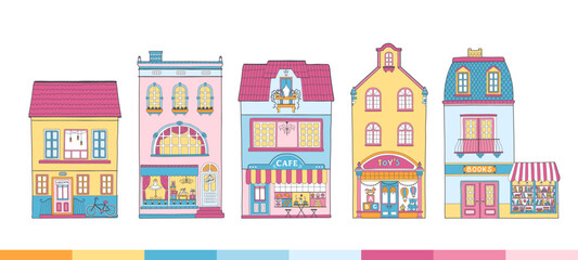 Collection of European houses. Nice Dutch buildings with shops, bookstore, cafe, coffee shop. Colorful vector illustration in a hand-drawn childish style. Traditional architecture of the Netherlands. - obrazy, fototapety, plakaty