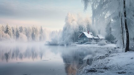 a house by a lake with snow covered trees