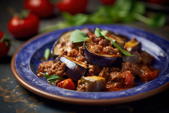 Moussaka, plat traditionnel grec à base d'aubergine, tomate et viande hachée