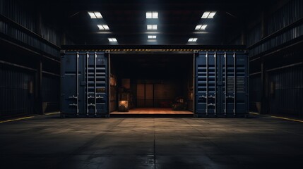 a large blue container with doors open - obrazy, fototapety, plakaty