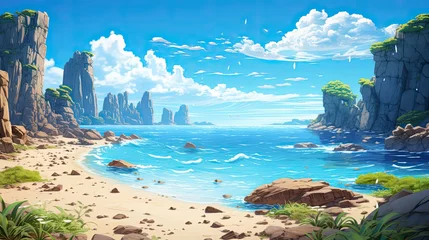 Photo sur Plexiglas Bleu Piękna plaża ze skałami i spokojnym niebieskim niebem z puszystymi chmurami w stylu anime. 