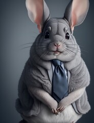 Chinchillas is dressed elegantly in a suit with a lovely tie. An anthropomorphic animal poses for a fashion photograph with a charming human attitude. Funny animals with Suit jacket and tie