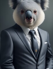 _Koala is dressed elegantly in a suit with a lovely tie. An anthropomorphic animal poses for a fashion photograph with a charming human attitude. Funny animals with Suit jacket and tie